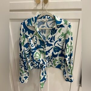 Christian Siriano Blue and Green Floral Button Down Shirt